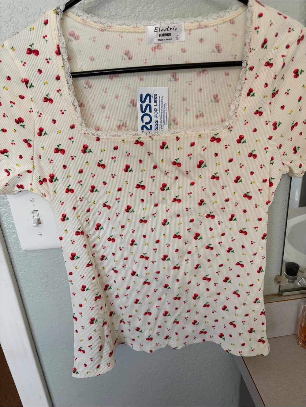 Electric Family Cream Ribbed Scoop-Neck Top with Red Cherry Print